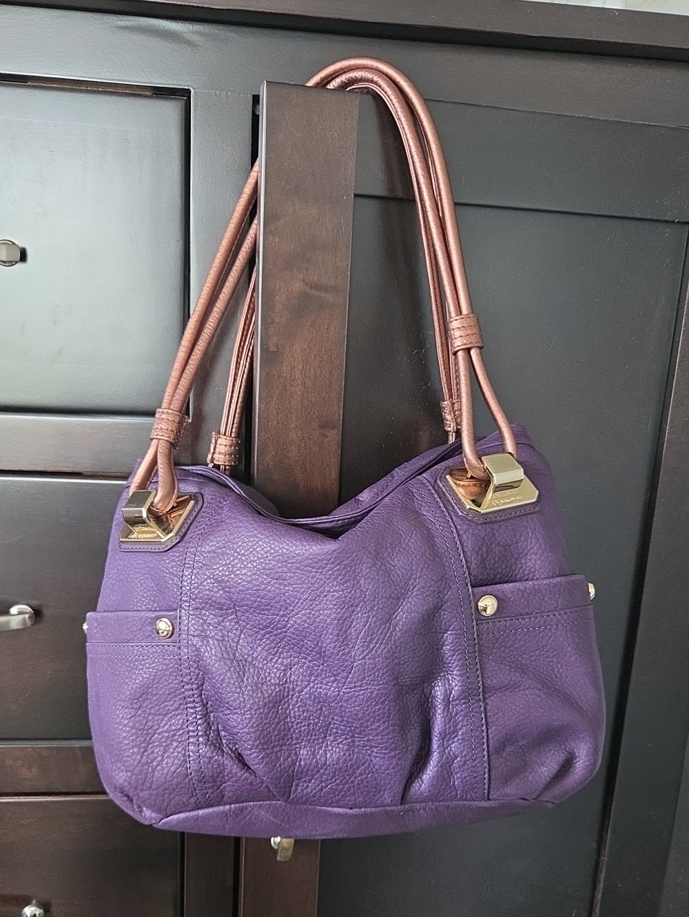 B. Makowsky Purple Pebbled Leather Slouchy Hobo Bag Bronze Straps